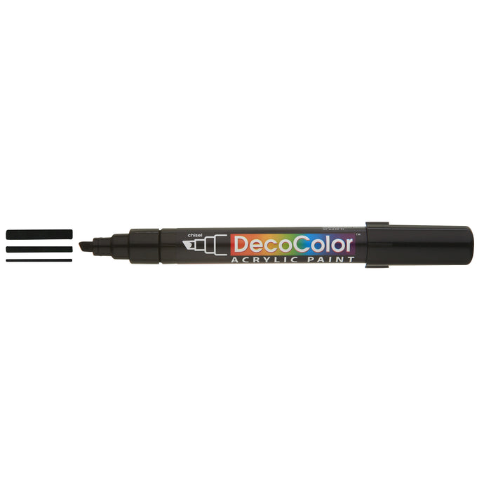 Decocolor acrylic marker black with cap off and color lines at tip