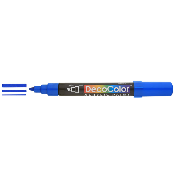 Decocolor acrylic marker blue with cap off and color lines at tip