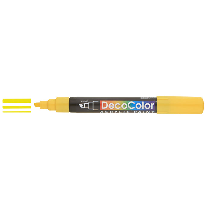 Decocolor acrylic marker yellow with cap off and color lines at tip