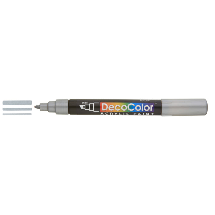 Decocolor acrylic marker silver with cap off and color lines at tip