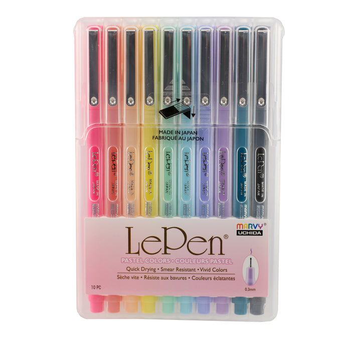 Le Pen ten piece set with yellow, coral pink, pale blue, wisteria, peppermint, pastel peach, pink, dark grey, teal and periwinkle.