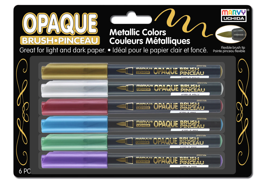 MARVY UCHIDA OPAQUE BRUSH 6 PIECE SET with metallic colors gold, silver, red, blue, green, and violet