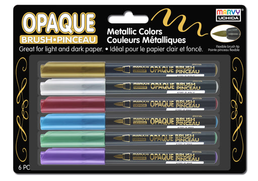 MARVY UCHIDA OPAQUE BRUSH 6 PIECE SET with metallic colors gold, silver, red, blue, green, and violet