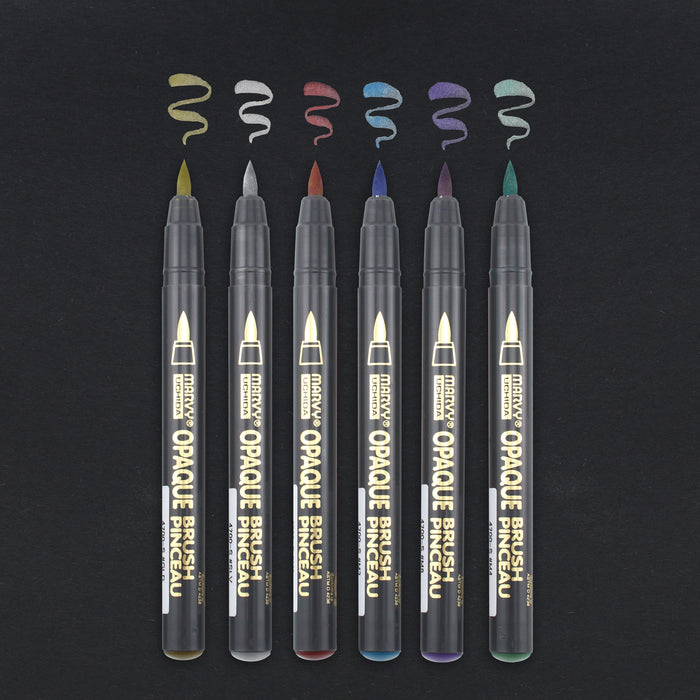 MARVY UCHIDA OPAQUE BRUSH 6 PIECE SET with metallic gold, silver, red, blue, violet and green