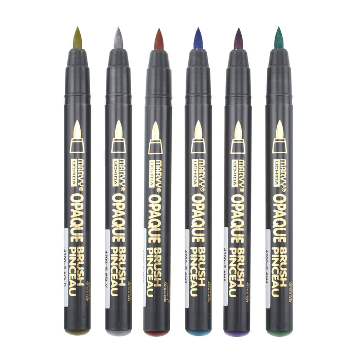 MARVY UCHIDA OPAQUE BRUSH 6 PIECE SET with metallic gold, silver, red, blue, violet and green