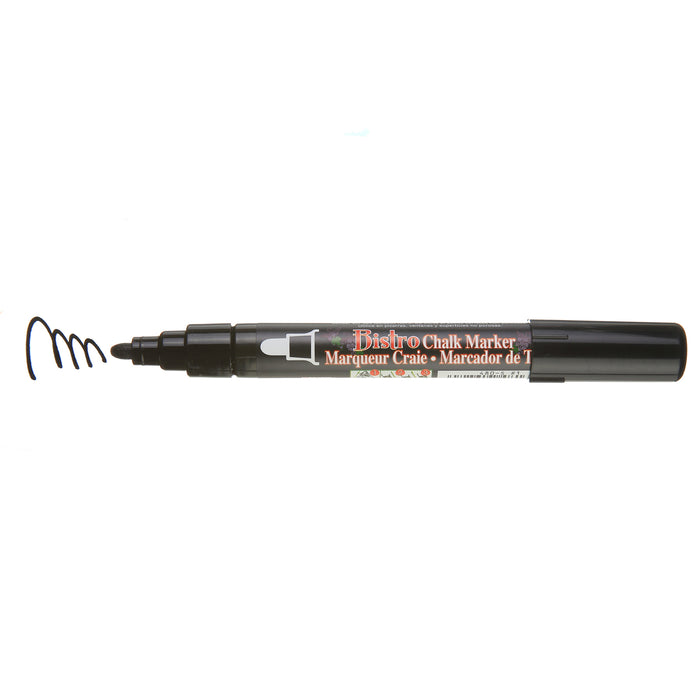 Bistro chalk fluorescent black broad tip with cap off showing ink color on a white background.