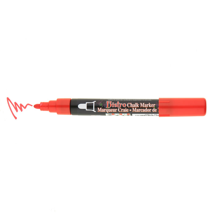 Bistro chalk broad tip red with cap off showing ink color on a white background.