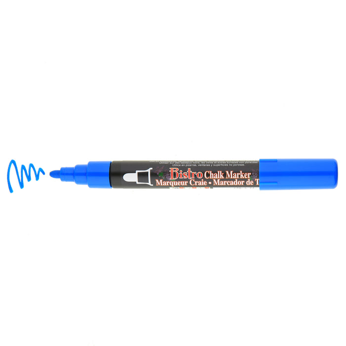 Bistro chalk broad tip blue with cap off showing ink color on a white background.