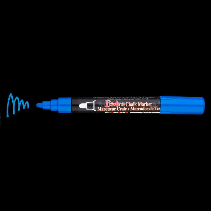 Bistro chalk broad tip blue with cap off showing ink color on a black background.