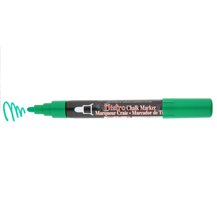 Bistro chalk broad tip green with cap off showing ink color on a white background.