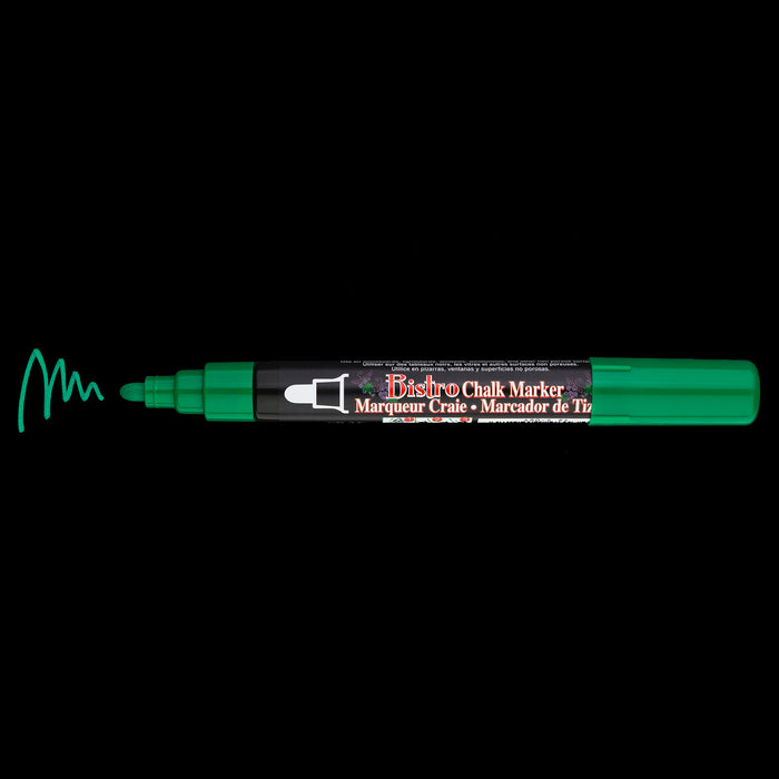 Bistro chalk broad tip green with cap off showing ink color on a black background.