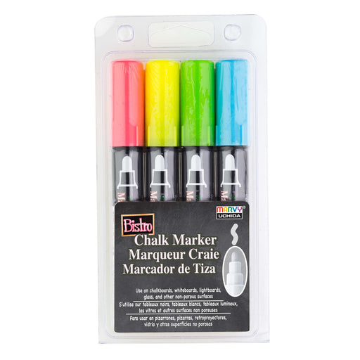 Marvy Uchida Bistro chalk marker four piece set A with broad tip. Set colors include fluorescent red, fluorescent yellow, fluorescent green and fluorescent blue.