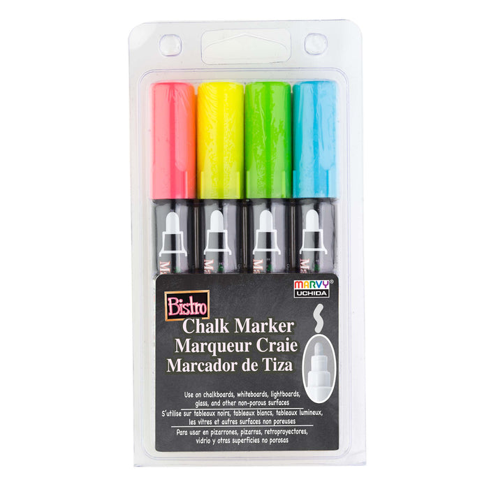 Marvy Uchida Bistro chalk marker four piece set A with broad tip. Set colors include fluorescent red, fluorescent yellow, fluorescent green and fluorescent blue.