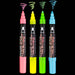 Bistro chalk fluorescent broad tip markers with cap off showing ink colors fluorescent red, fluorescent yellow, fluorescent green and fluorescent blue on a black background.