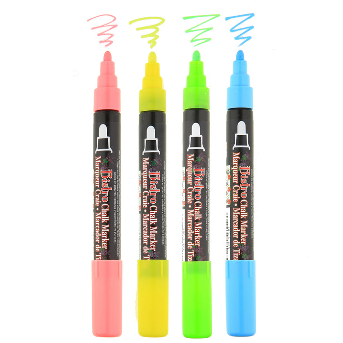Bistro chalk fluorescent broad tip markers with cap off showing ink colors fluorescent red, fluorescent yellow, fluorescent green and fluorescent blue on a white background.