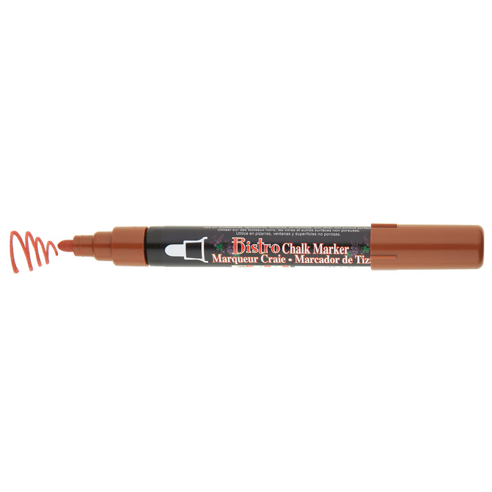 Bistro chalk broad tip brown with cap off showing ink color on a white background.