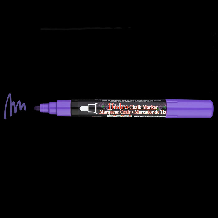 Bistro chalk broad tip violet with cap off showing ink color on a black background.