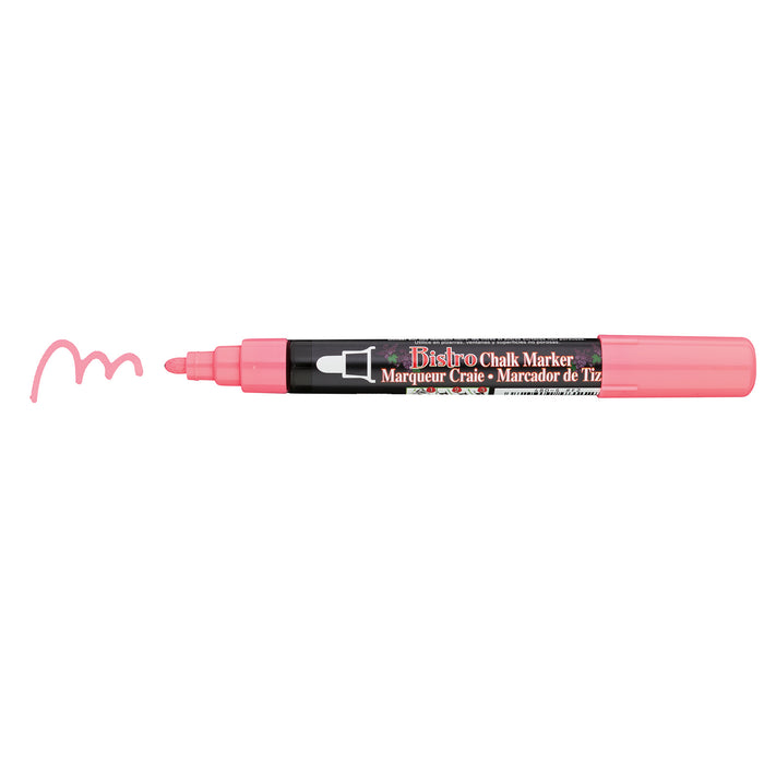 Bistro chalk fluorescent red broad tip with cap off showing ink color on a white background.