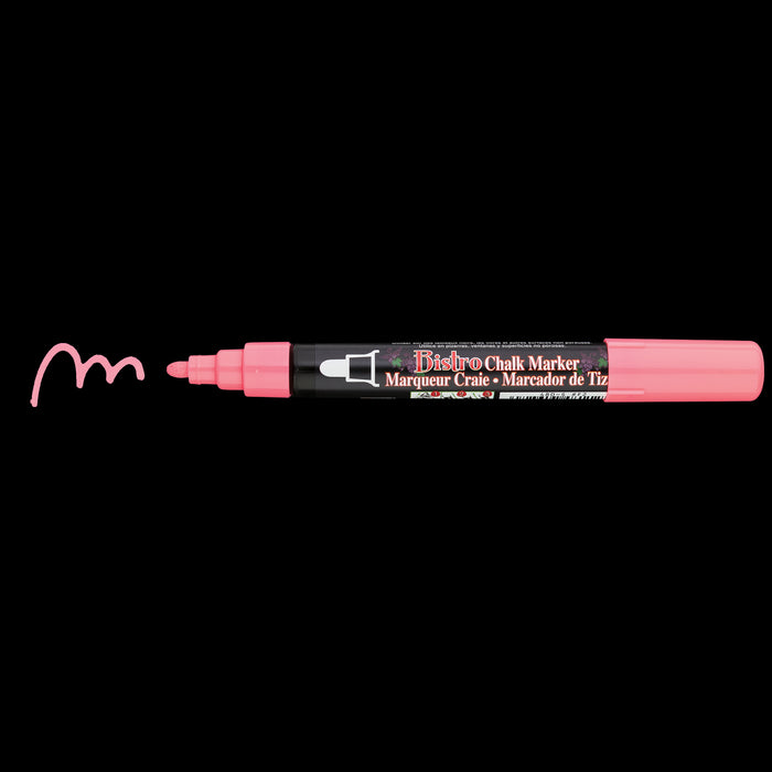 Bistro chalk fluorescent red broad tip with cap off showing ink color on a black background.