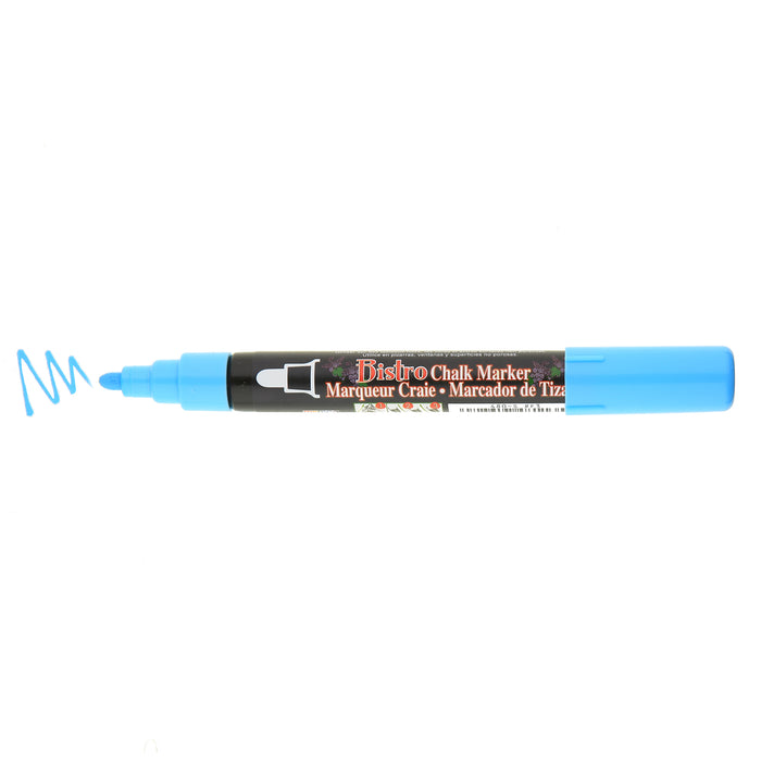 Bistro chalk fluorescent blue broad tip with cap off showing ink color on a white background.