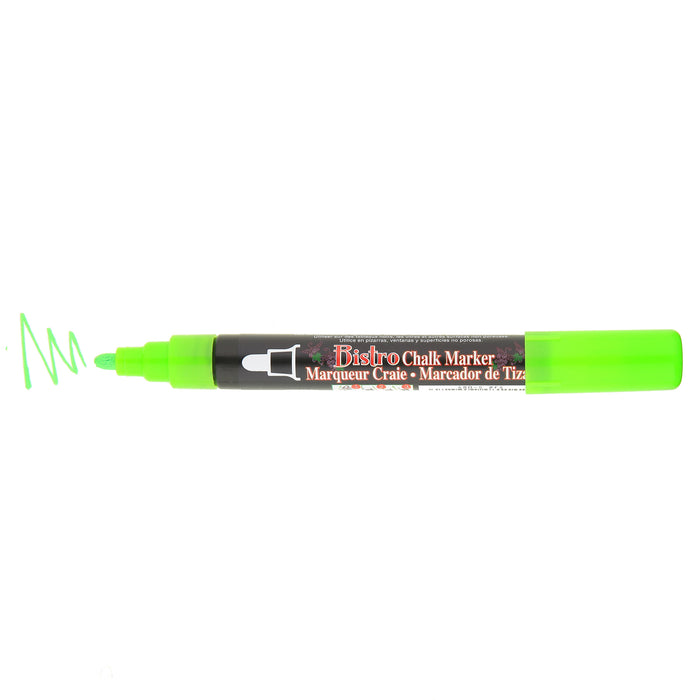 Bistro chalk fluorescent green broad tip with cap off showing ink color on a white background.