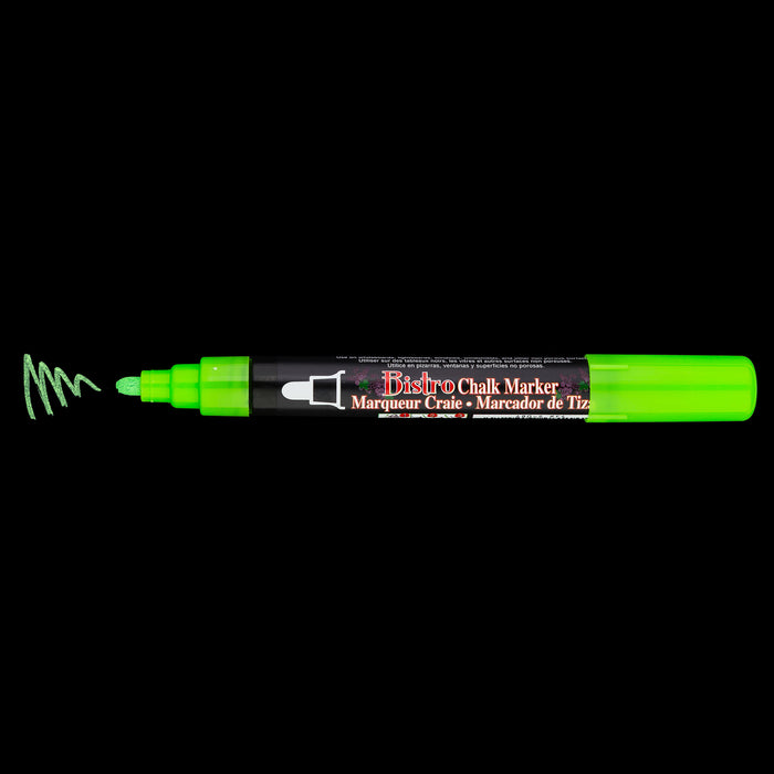 Bistro chalk fluorescent green broad tip with cap off showing ink color on a black background.