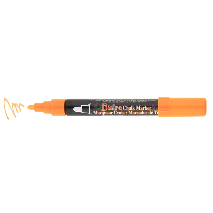 Bistro chalk fluorescent orange broad tip with cap off showing ink color on a white background.