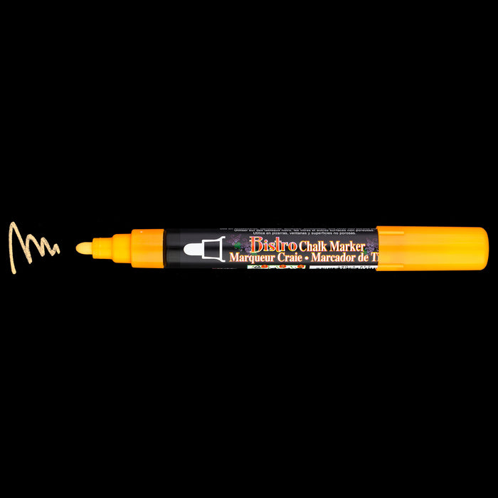 Bistro chalk fluorescent orange broad tip with cap off showing ink color on a black background.