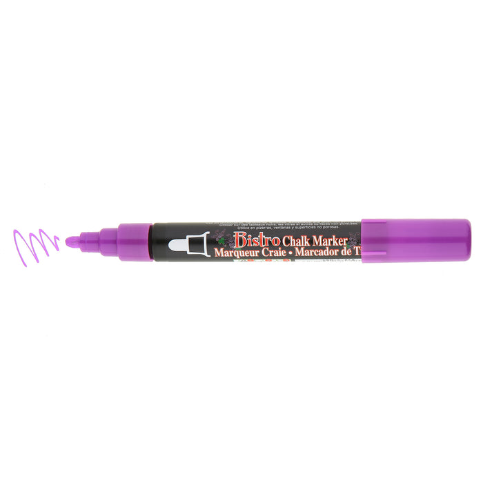 Bistro chalk fluorescent violet broad tip with cap off showing ink color on a white background.