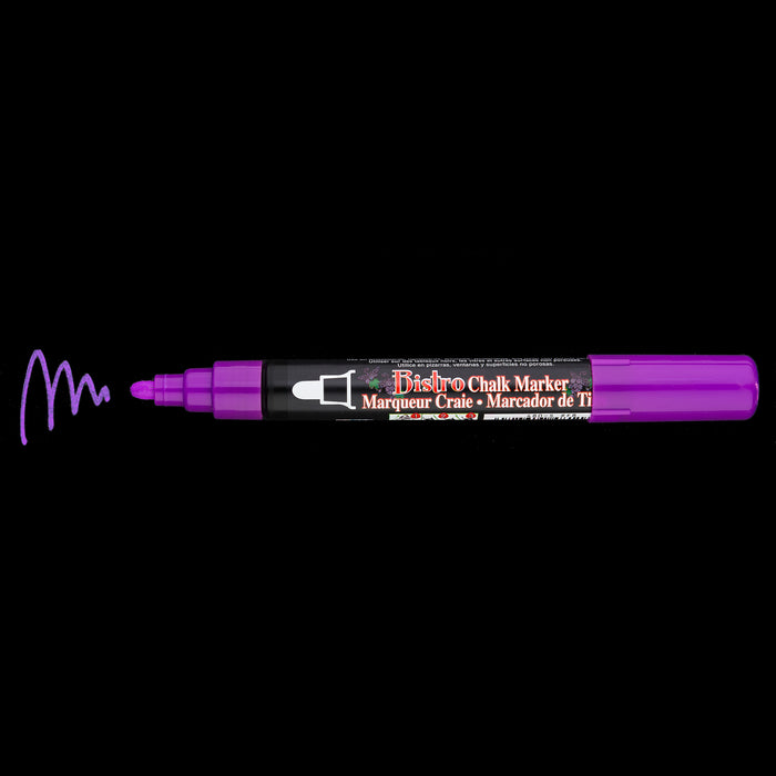 Bistro chalk fluorescent violet broad tip with cap off showing ink color on a black background.