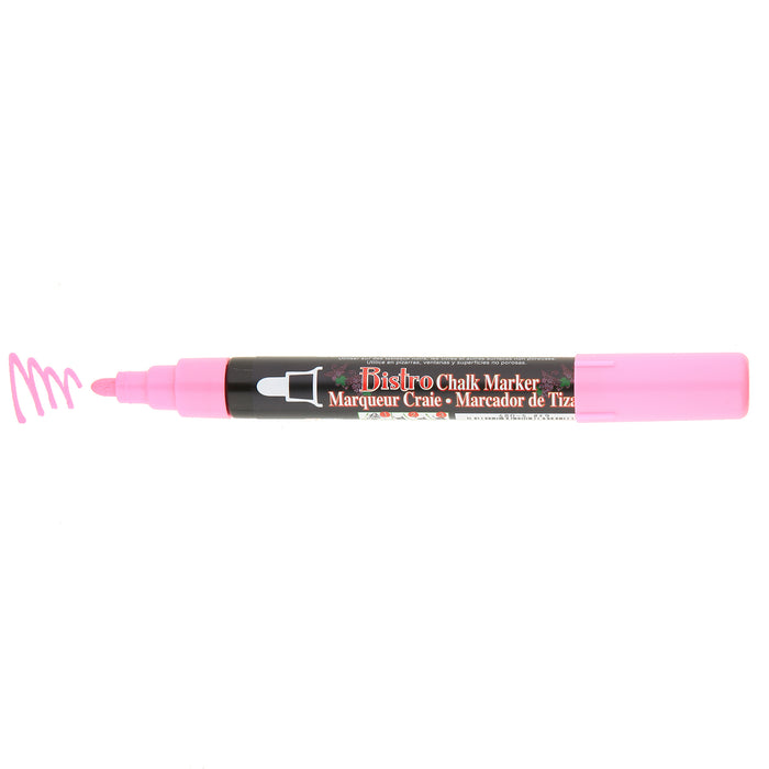 Bistro chalk fluorescent pink broad tip with cap off showing ink color on a white background.