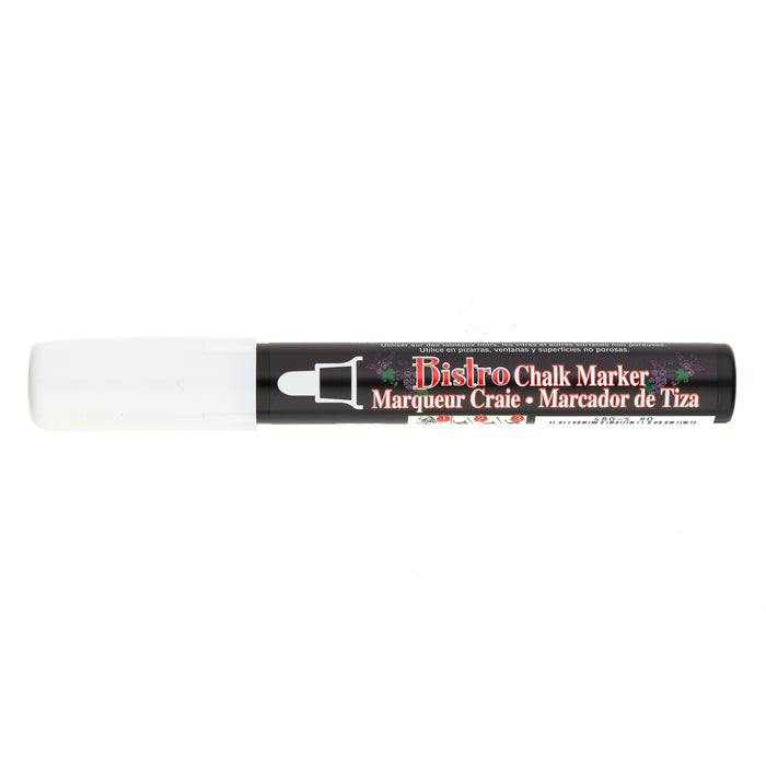 Bistro chalk broad tip white with cap on.