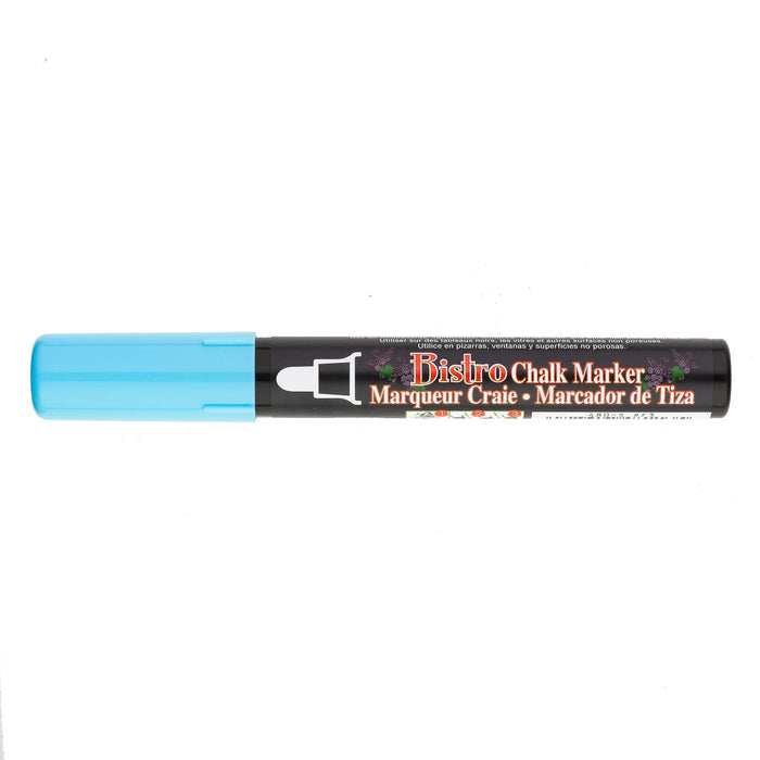 Bistro chalk fluorescent blue broad tip with cap on.