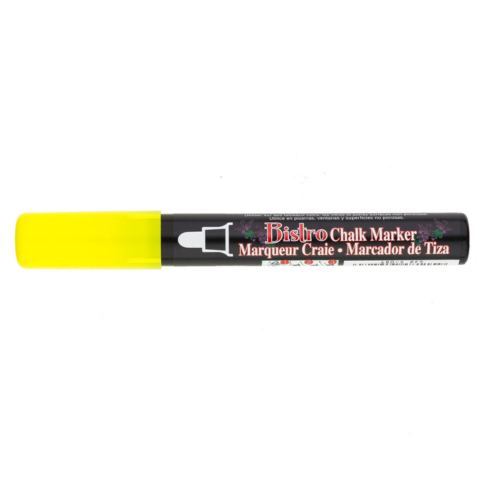 Bistro chalk fluorescent yellow broad tip with cap on.