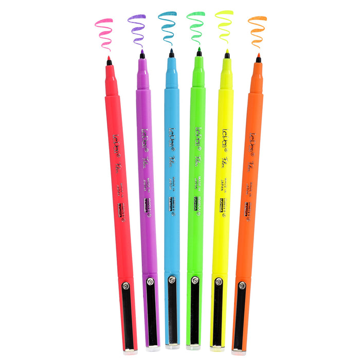 Le pen flex fluorescent colors with cap off and color squiggle at tip for colors fluorescent pink, fluorescent violet, fluorescent blue, fluorescent green, fluorescent yellow and fluorescent orange.