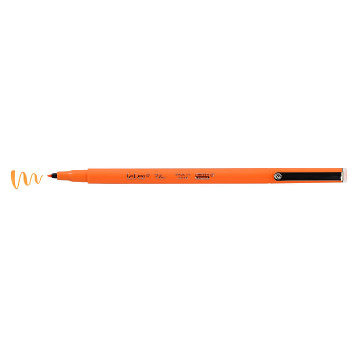 Le pen flex fluorescent orange with cap off and color squiggle at tip