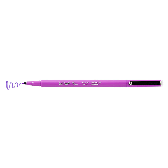 Le pen flex fluorescent violet with cap off and color squiggle at tip