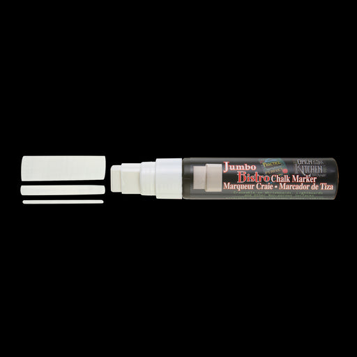 a white Jumbo Bistro chalk marker with 3 lines showing the various thickness on a black background.