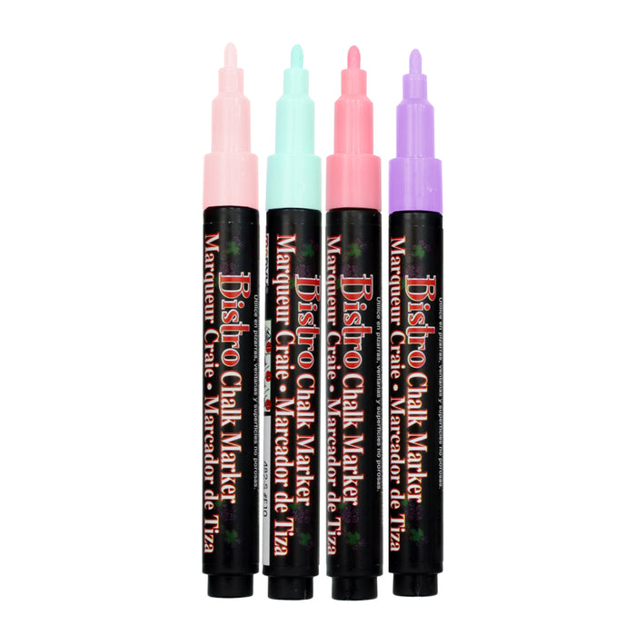 Marvy Uchida Bistro chalk marker four piece set uncapped; showing fine tips. Colors include pastel peach, peppermint, blush pink, and pale violet.
