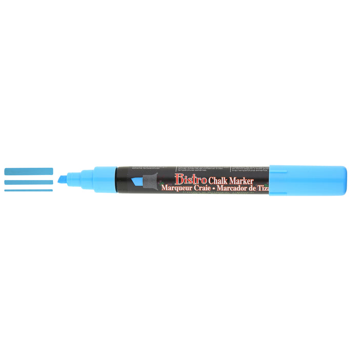 Bistro chalk fluorescent blue chisel tip marker with cap off showing ink color on a white background. 