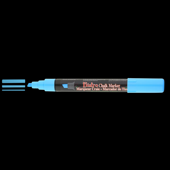Bistro chalk fluorescent blue chisel tip marker with cap off showing ink color on a black background. 