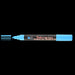 Bistro chalk fluorescent blue chisel tip marker with cap off showing ink color on a black background. 