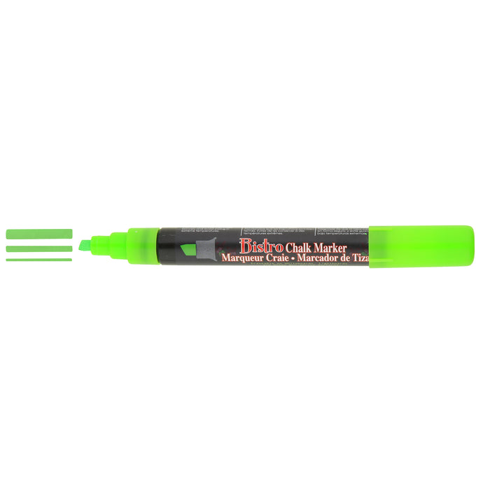 Bistro chalk fluorescent green chisel tip marker with cap off showing ink color on a white background. 