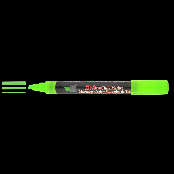 Bistro chalk fluorescent blue chisel tip marker with cap off showing ink color on a black background. 