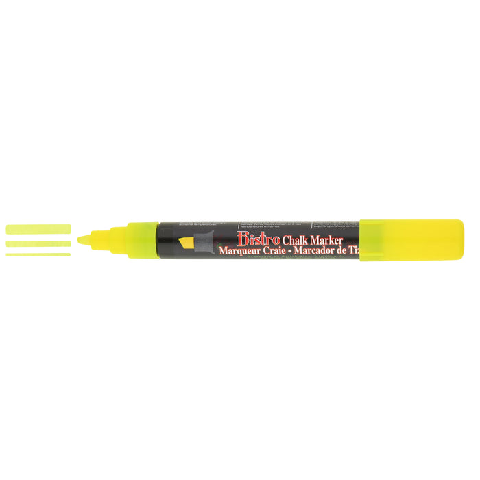 Bistro chalk fluorescent yellow chisel tip marker with cap off showing ink color on a white background. 