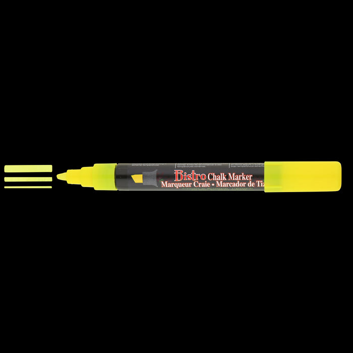Bistro chalk fluorescent yellow chisel tip marker with cap off showing ink color on a black background. 