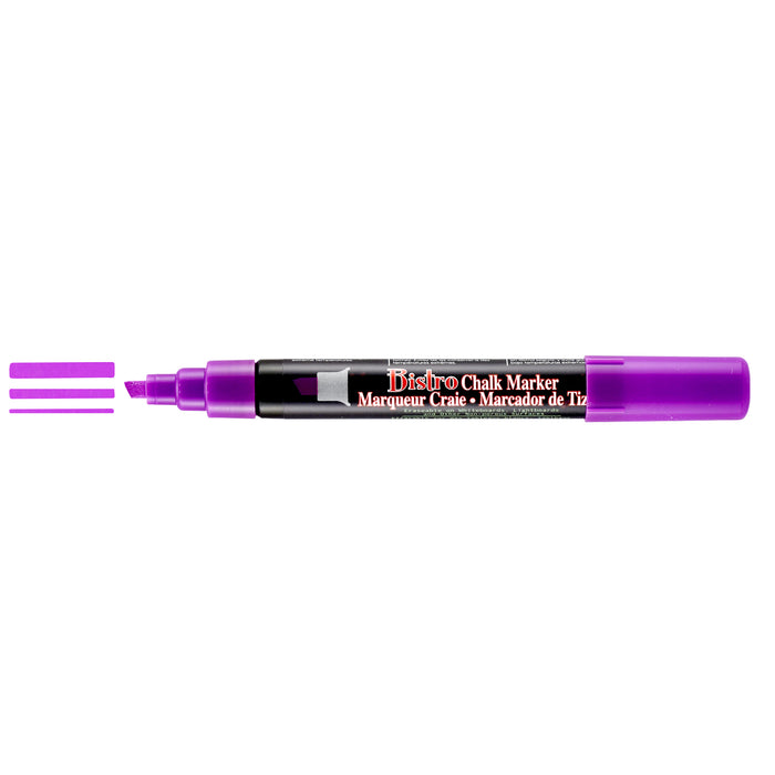 Bistro chalk fluorescent violet chisel tip marker with cap off showing ink color on a white background. 