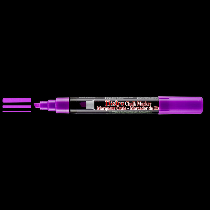 Bistro chalk fluorescent violet chisel tip marker with cap off showing ink color on a black background. 