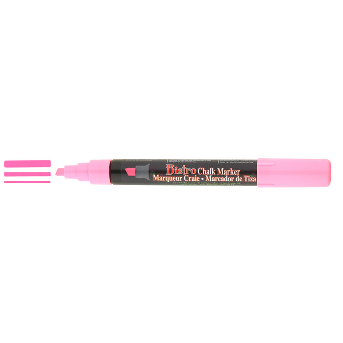 Bistro chalk fluorescent pink chisel tip marker with cap off showing ink color on a white background. 