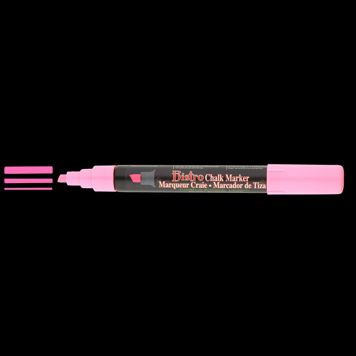 Bistro chalk fluorescent pink chisel tip marker with cap off showing ink color on a black background. 